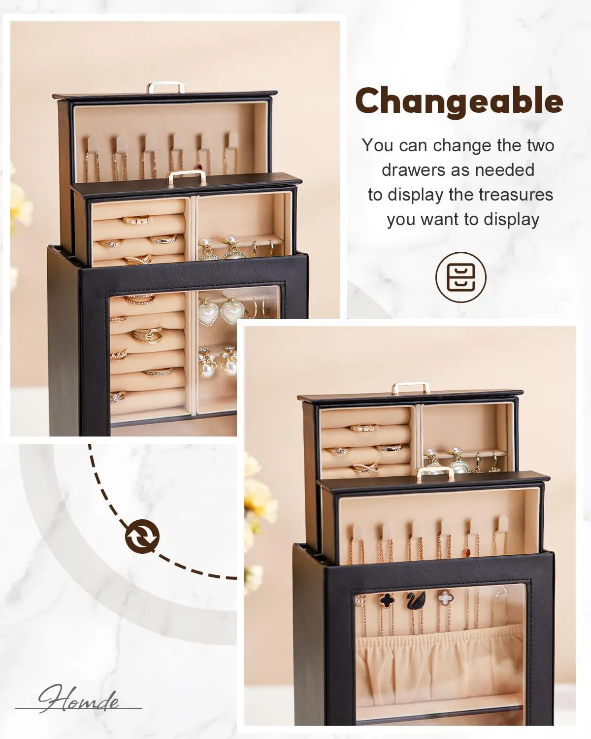 Homde Jewelry Organizer Girls Women Jewelry Box for Necklaces Rings Earrings Gift Bracelets Storage Case (Black   Gold)