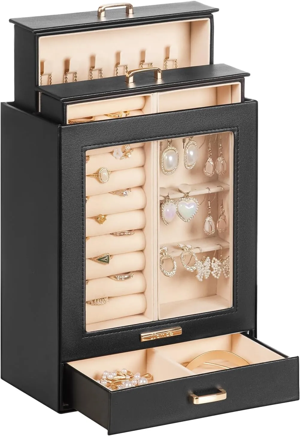 Homde Jewelry Organizer Girls Women Jewelry Box for Necklaces Rings Earrings Gift Bracelets Storage Case (Black   Gold)