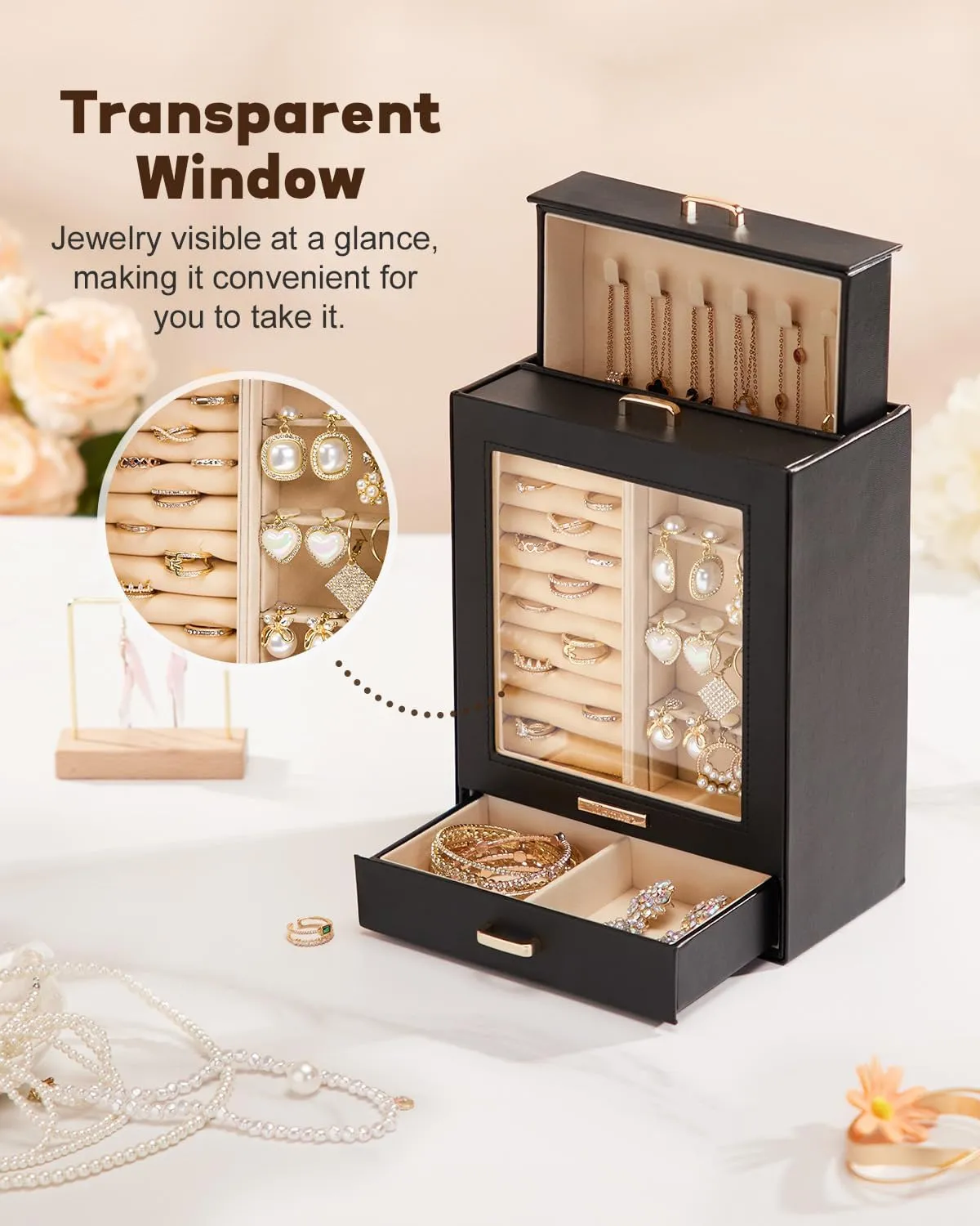 Homde Jewelry Organizer Girls Women Jewelry Box for Necklaces Rings Earrings Gift Bracelets Storage Case (Black   Gold)
