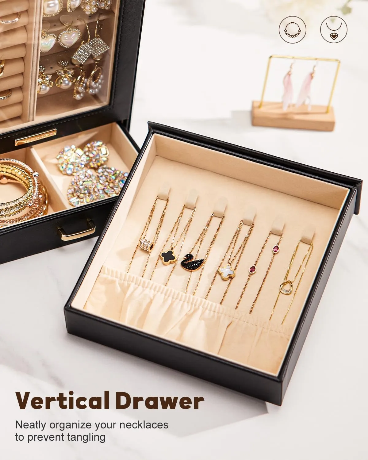 Homde Jewelry Organizer Girls Women Jewelry Box for Necklaces Rings Earrings Gift Bracelets Storage Case (Black   Gold)