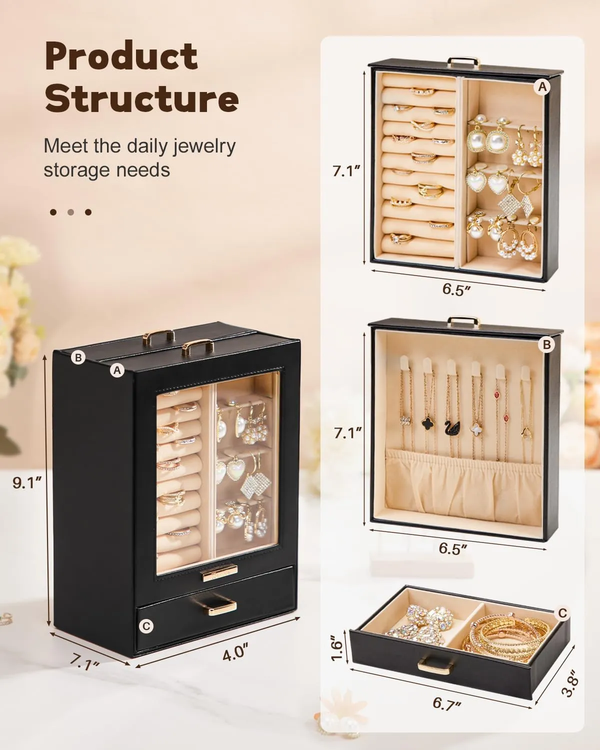 Homde Jewelry Organizer Girls Women Jewelry Box for Necklaces Rings Earrings Gift Bracelets Storage Case (Black   Gold)