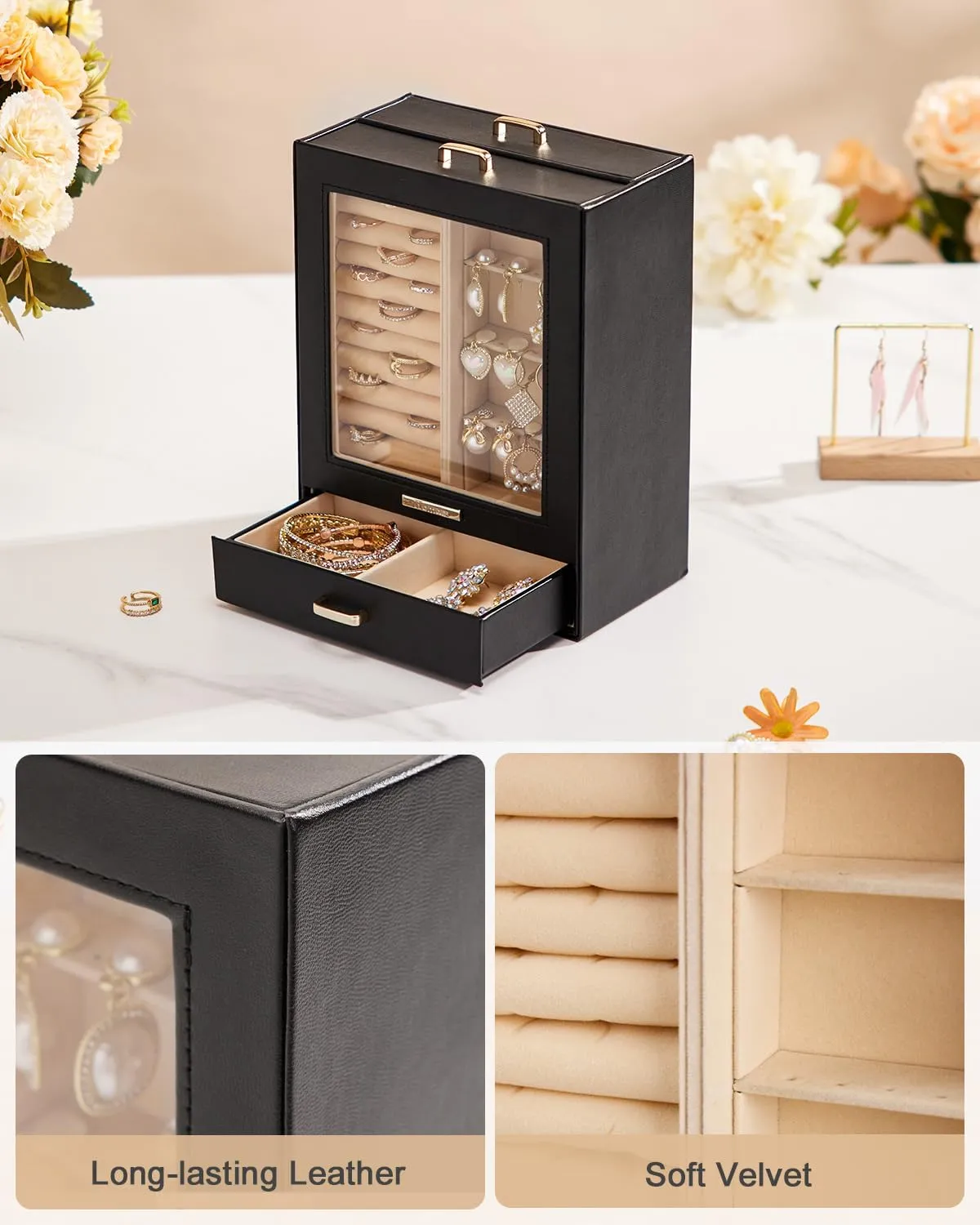 Homde Jewelry Organizer Girls Women Jewelry Box for Necklaces Rings Earrings Gift Bracelets Storage Case (Black   Gold)
