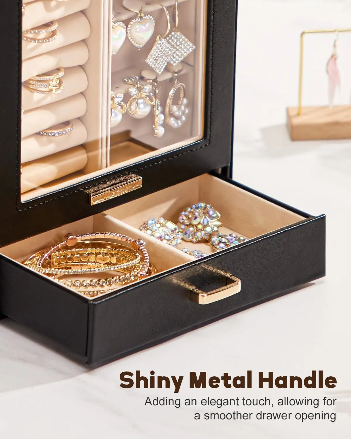 Homde Jewelry Organizer Girls Women Jewelry Box for Necklaces Rings Earrings Gift Bracelets Storage Case (Black   Gold)