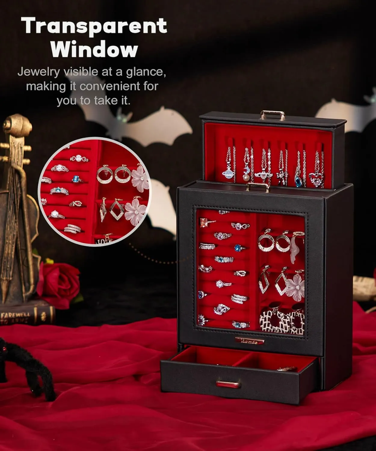 Homde Jewelry Organizer Girls Women Jewelry Box for Necklaces Rings Earrings Gift Bracelets Storage Case (Black   Red   Gold)