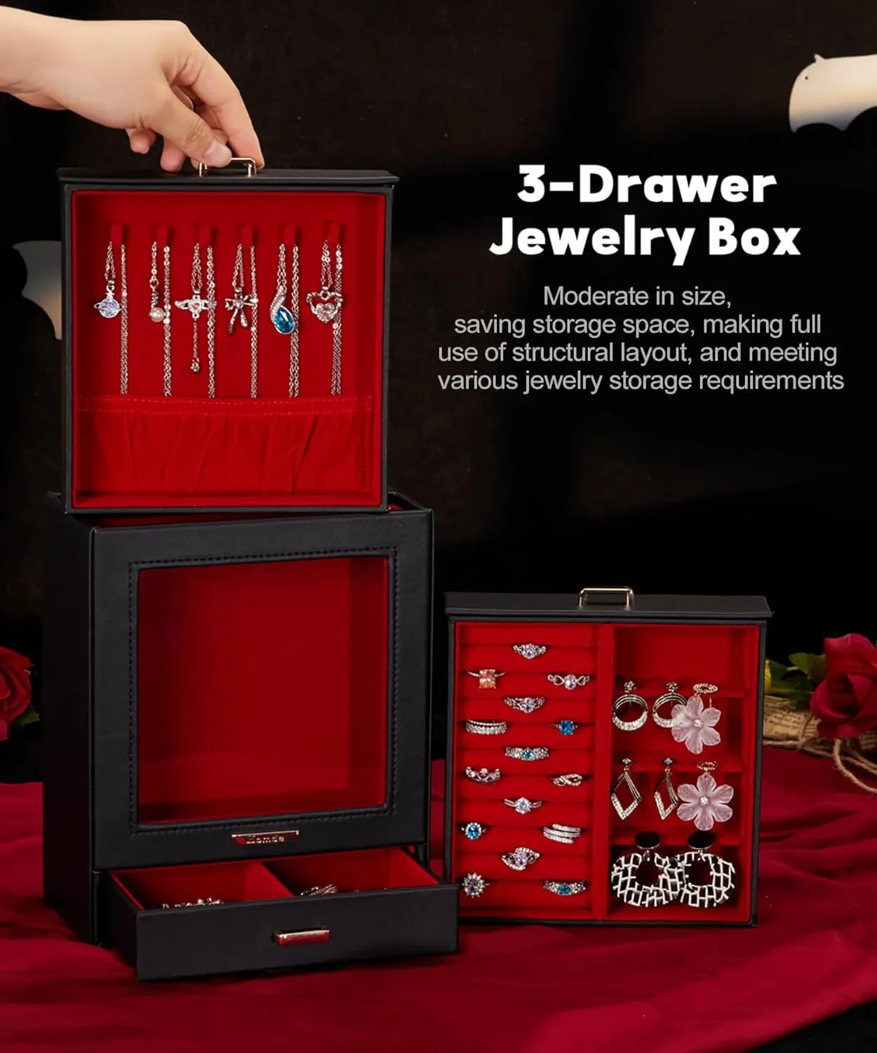Homde Jewelry Organizer Girls Women Jewelry Box for Necklaces Rings Earrings Gift Bracelets Storage Case (Black   Red   Gold)