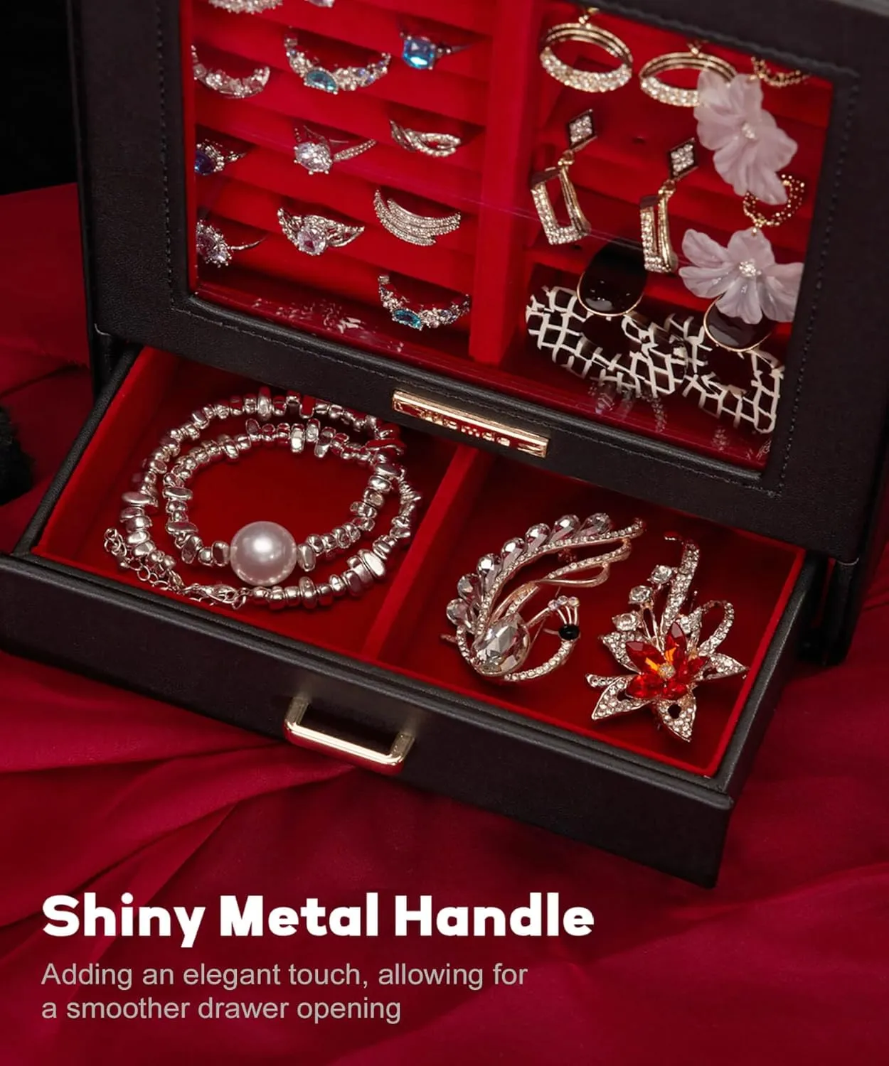 Homde Jewelry Organizer Girls Women Jewelry Box for Necklaces Rings Earrings Gift Bracelets Storage Case (Black   Red   Gold)