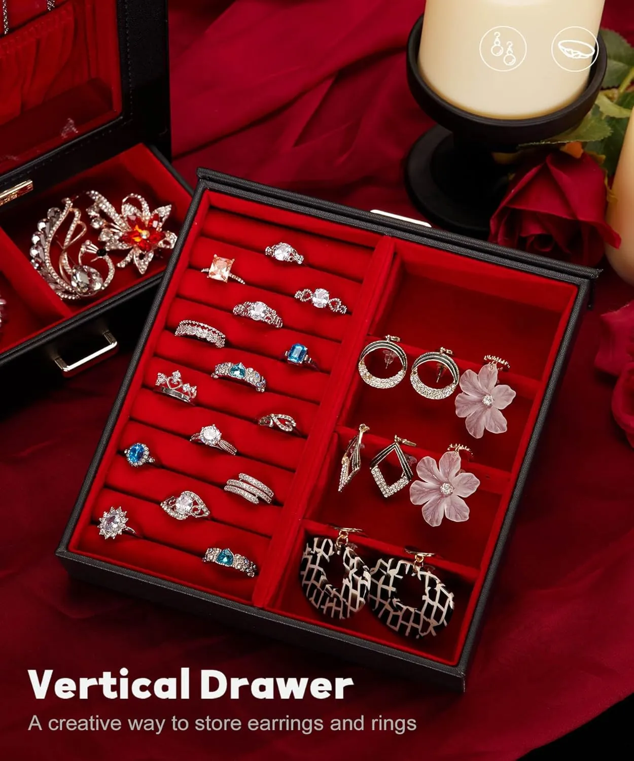 Homde Jewelry Organizer Girls Women Jewelry Box for Necklaces Rings Earrings Gift Bracelets Storage Case (Black   Red   Gold)