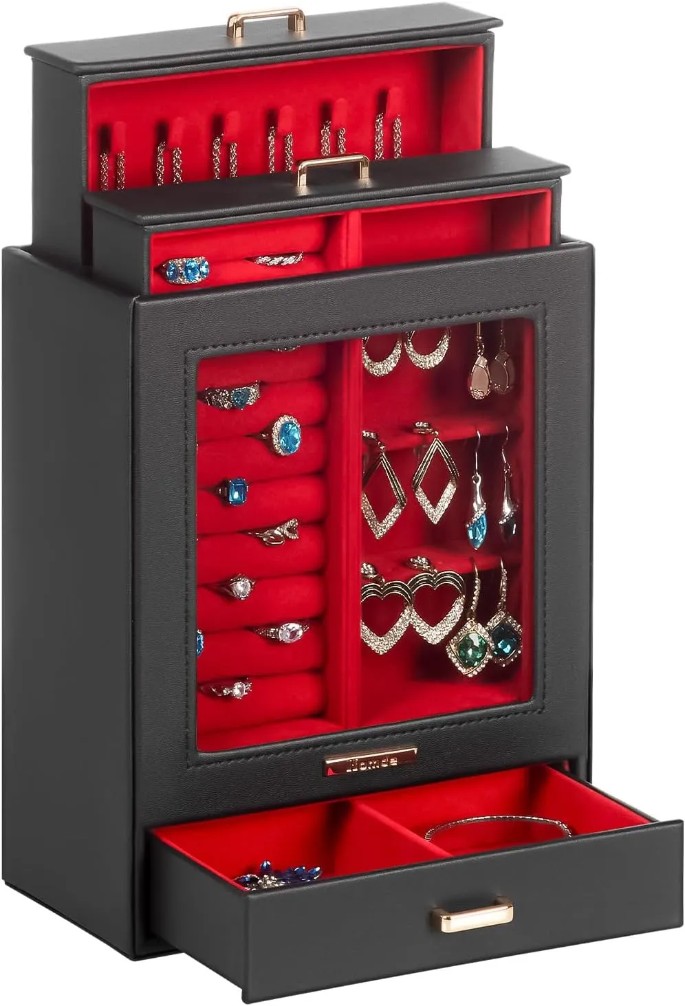 Homde Jewelry Organizer Girls Women Jewelry Box for Necklaces Rings Earrings Gift Bracelets Storage Case (Black   Red   Gold)