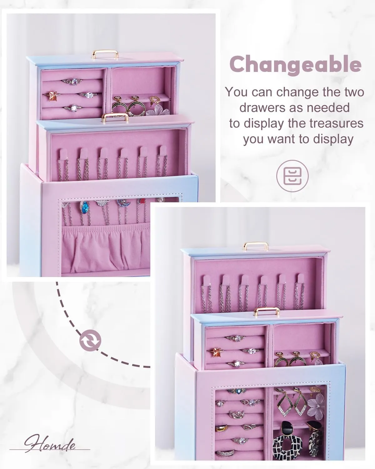 Homde Jewelry Organizer Girls Women Jewelry Box for Necklaces Rings Earrings Gift Bracelets Storage Case (Blue - Pink Gradient   Gold)