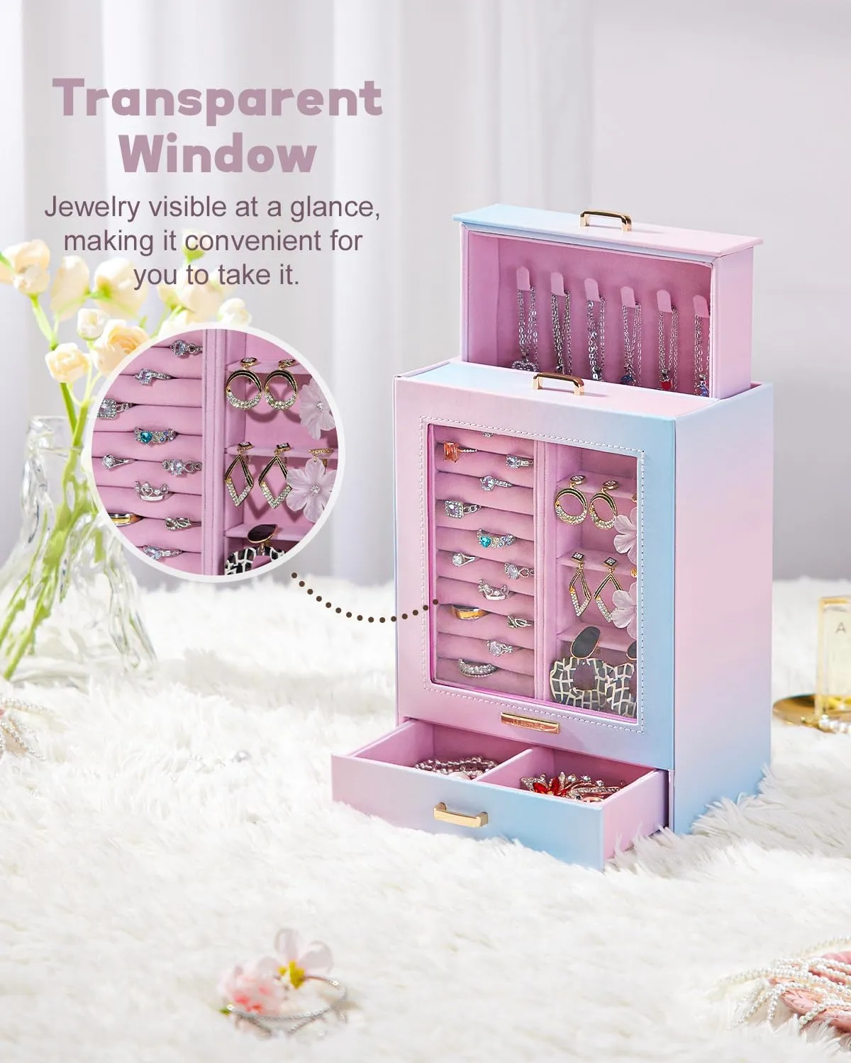 Homde Jewelry Organizer Girls Women Jewelry Box for Necklaces Rings Earrings Gift Bracelets Storage Case (Blue - Pink Gradient   Gold)