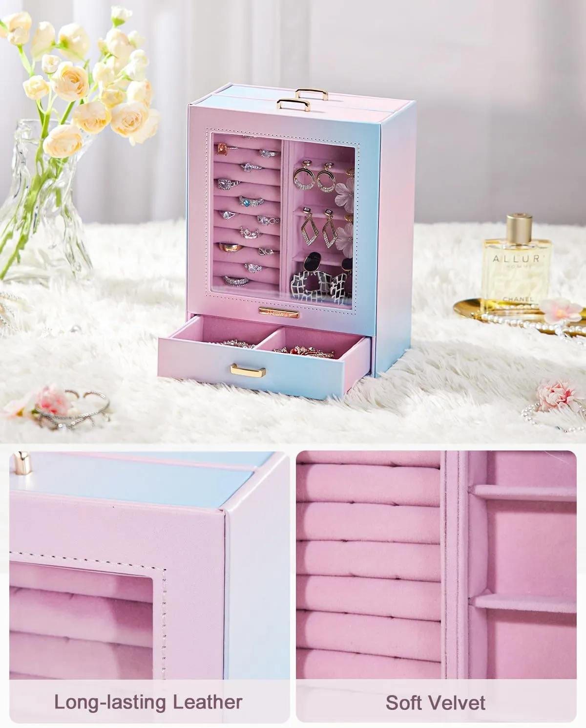 Homde Jewelry Organizer Girls Women Jewelry Box for Necklaces Rings Earrings Gift Bracelets Storage Case (Blue - Pink Gradient   Gold)