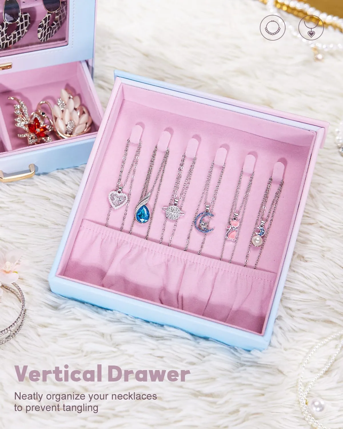 Homde Jewelry Organizer Girls Women Jewelry Box for Necklaces Rings Earrings Gift Bracelets Storage Case (Blue - Pink Gradient   Gold)