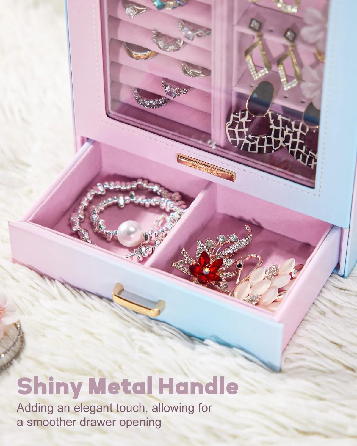 Homde Jewelry Organizer Girls Women Jewelry Box for Necklaces Rings Earrings Gift Bracelets Storage Case (Blue - Pink Gradient   Gold)