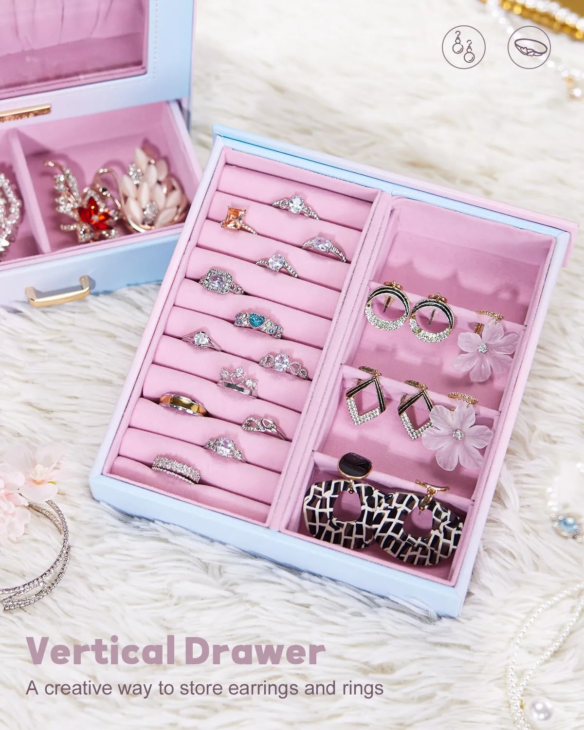 Homde Jewelry Organizer Girls Women Jewelry Box for Necklaces Rings Earrings Gift Bracelets Storage Case (Blue - Pink Gradient   Gold)