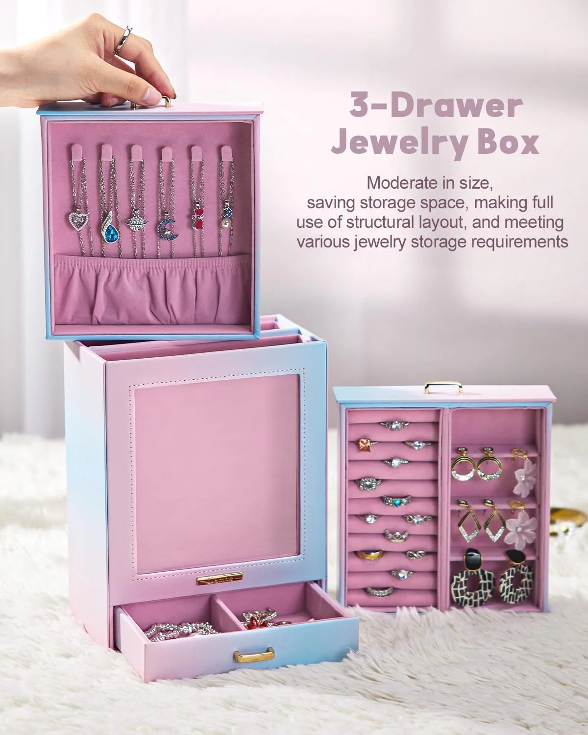 Homde Jewelry Organizer Girls Women Jewelry Box for Necklaces Rings Earrings Gift Bracelets Storage Case (Blue - Pink Gradient   Gold)
