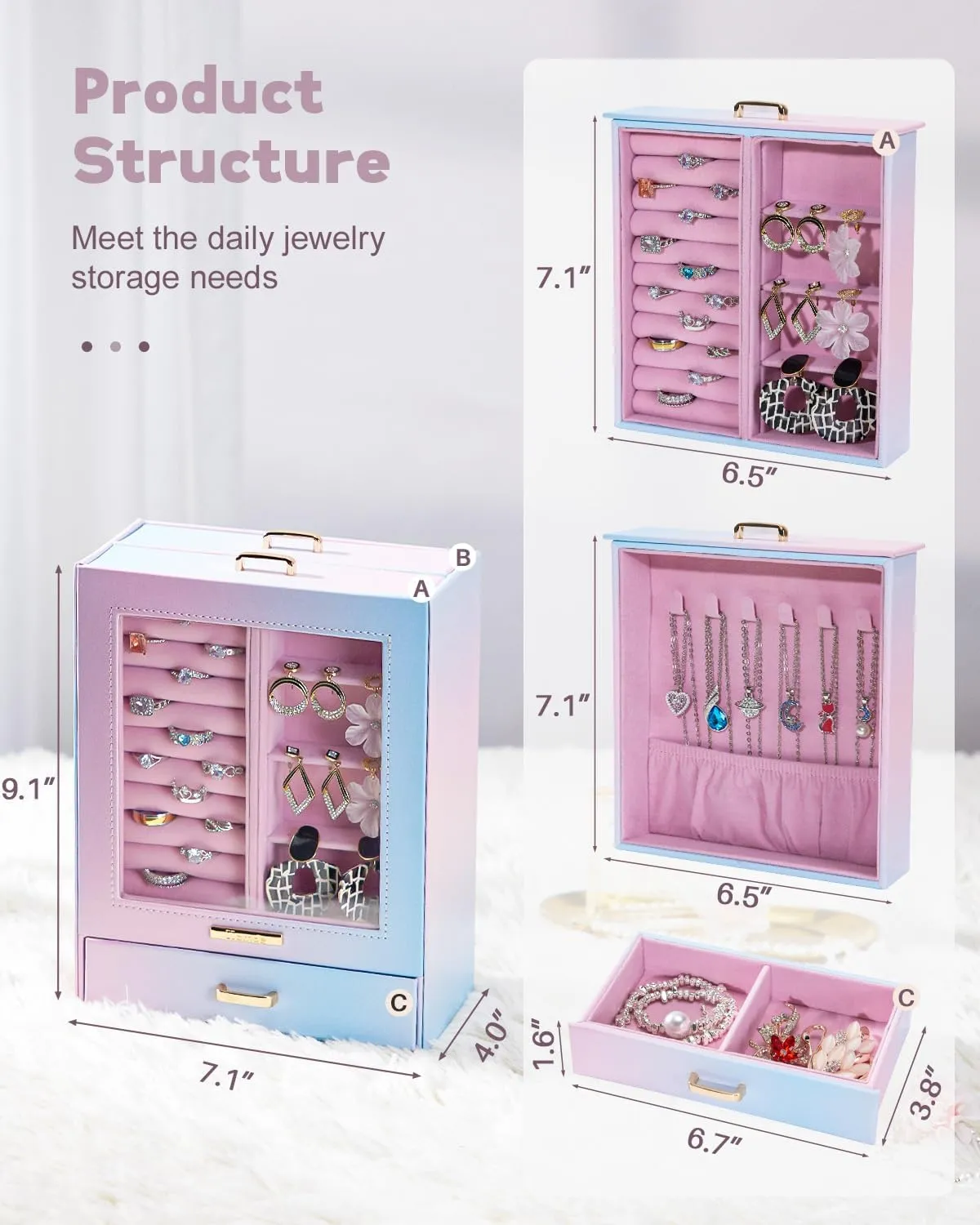 Homde Jewelry Organizer Girls Women Jewelry Box for Necklaces Rings Earrings Gift Bracelets Storage Case (Blue - Pink Gradient   Gold)