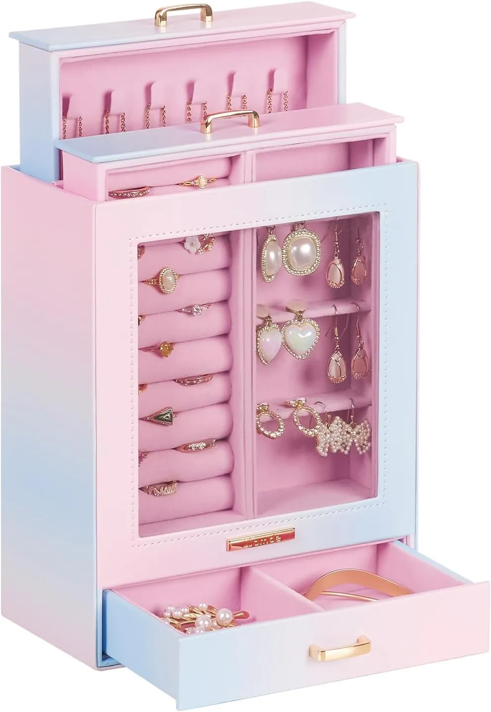 Homde Jewelry Organizer Girls Women Jewelry Box for Necklaces Rings Earrings Gift Bracelets Storage Case (Blue - Pink Gradient   Gold)