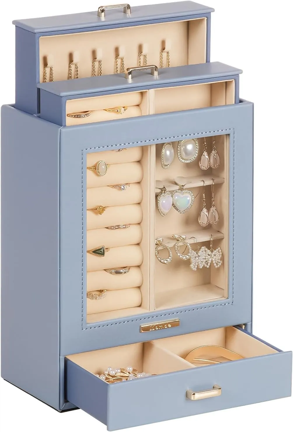 Homde Jewelry Organizer Girls Women Jewelry Box for Necklaces Rings Earrings Gift Bracelets Storage Case (Grey Blue   Gold)