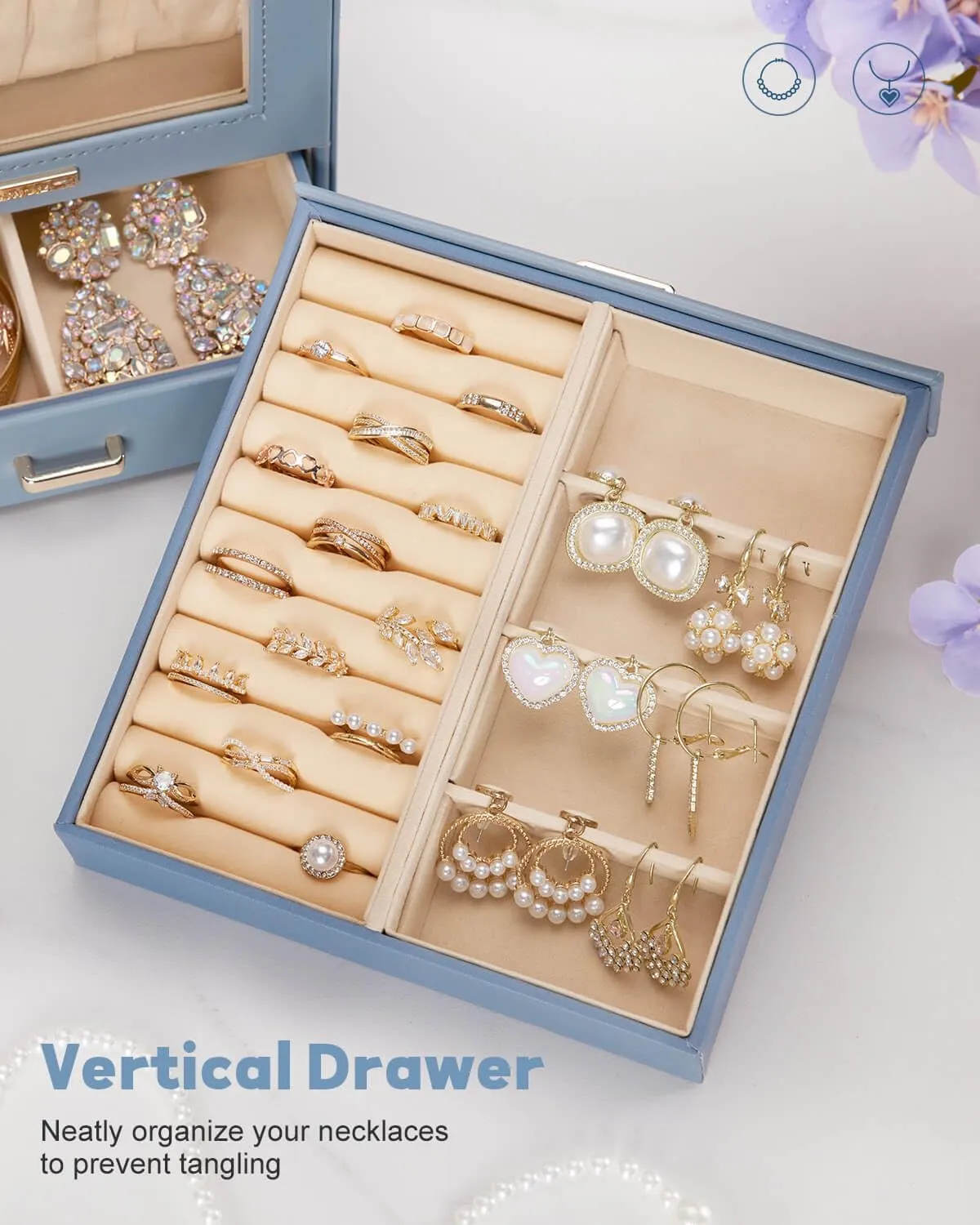 Homde Jewelry Organizer Girls Women Jewelry Box for Necklaces Rings Earrings Gift Bracelets Storage Case (Grey Blue   Gold)
