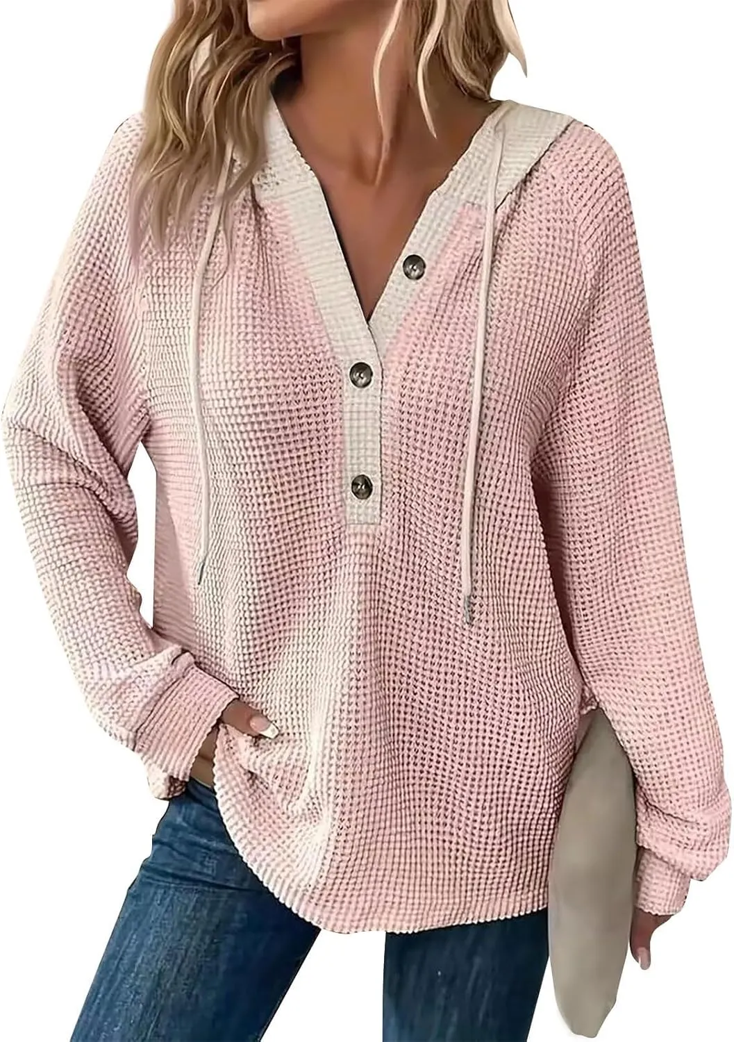 Hoodies for Women Waffle Knit Long Sleeve Drawstring Button V Neck Casual Pullover Sweatshirt Oversized Shirts Y2k Top