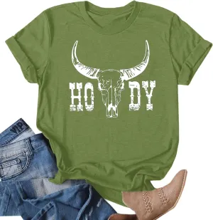 Howdy Shirt Women Cow Skull Shirt Western Country T Shirts Vintage Cowgirl Shirts Casual Short Sleeve Tee Tops