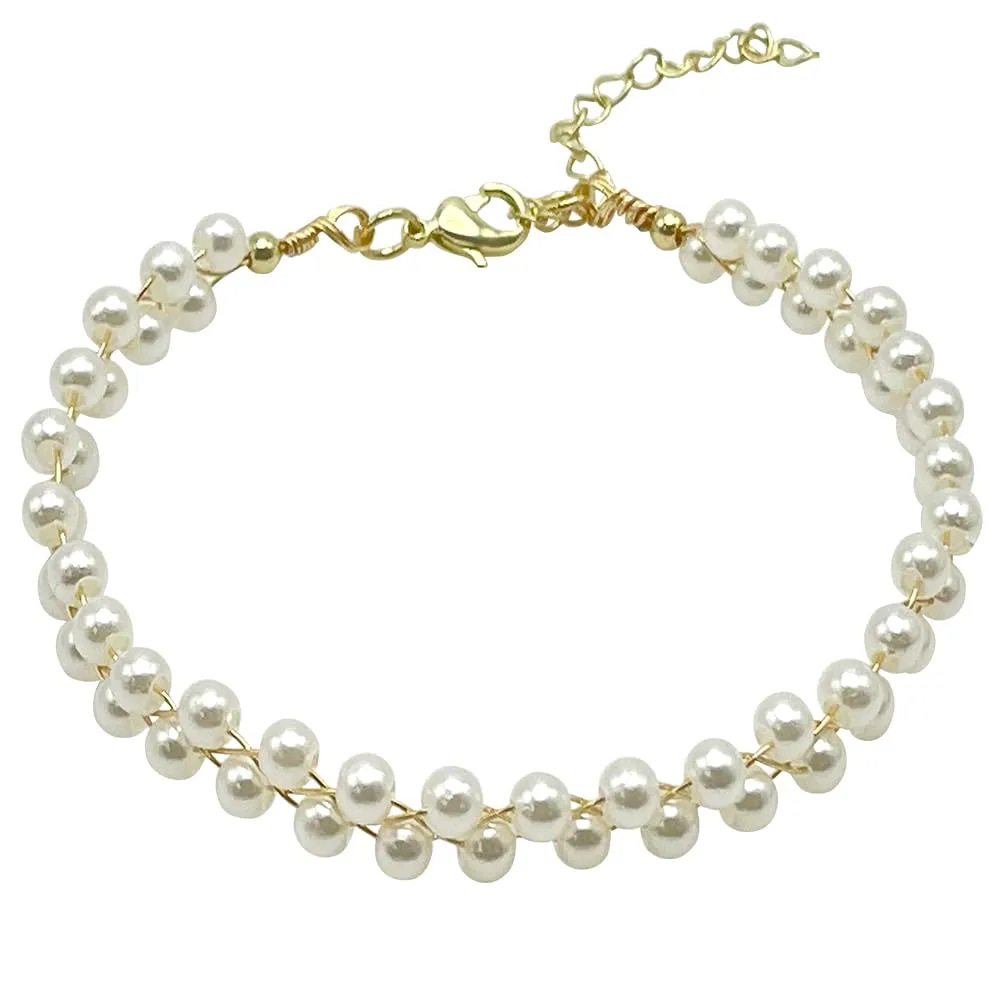 Ivory White Pearl Bracelet - 4mm Pearl Beads Braided Bracelets with Adjustable 14K Gold Plated Bracelet Extender - Elegant Bracelets for Girls, Women