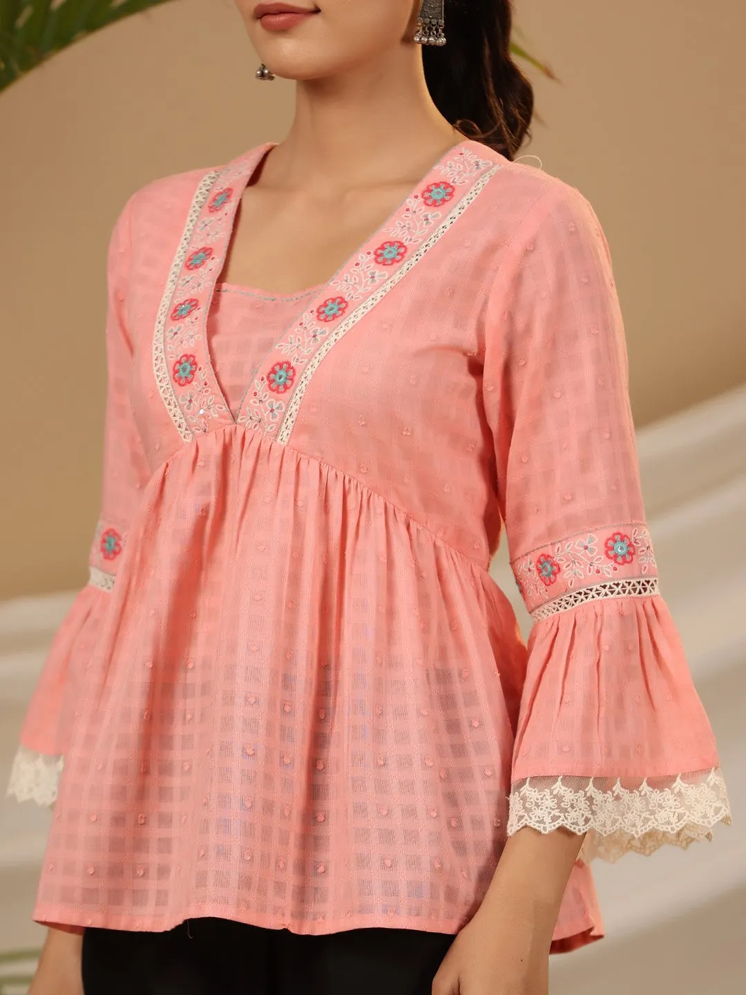 Jashvi Peach Floral Embroidered Peplum Intricate Kantha Work Tunic With Lace