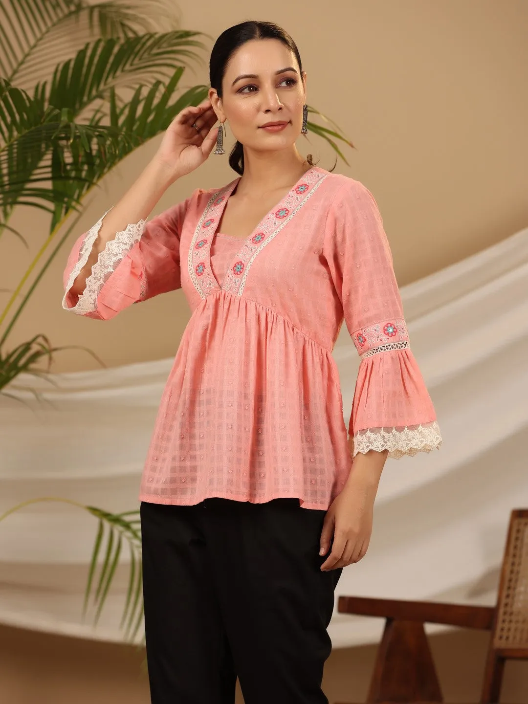 Jashvi Peach Floral Embroidered Peplum Intricate Kantha Work Tunic With Lace