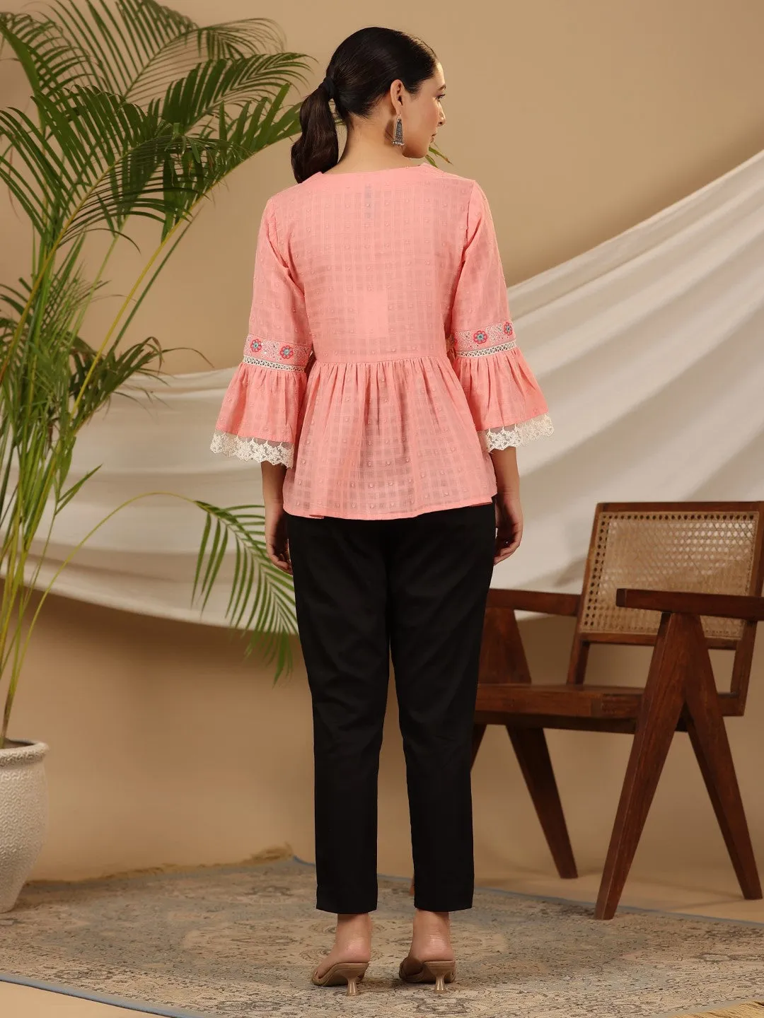 Jashvi Peach Floral Embroidered Peplum Intricate Kantha Work Tunic With Lace