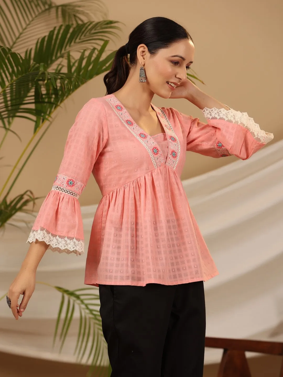 Jashvi Peach Floral Embroidered Peplum Intricate Kantha Work Tunic With Lace