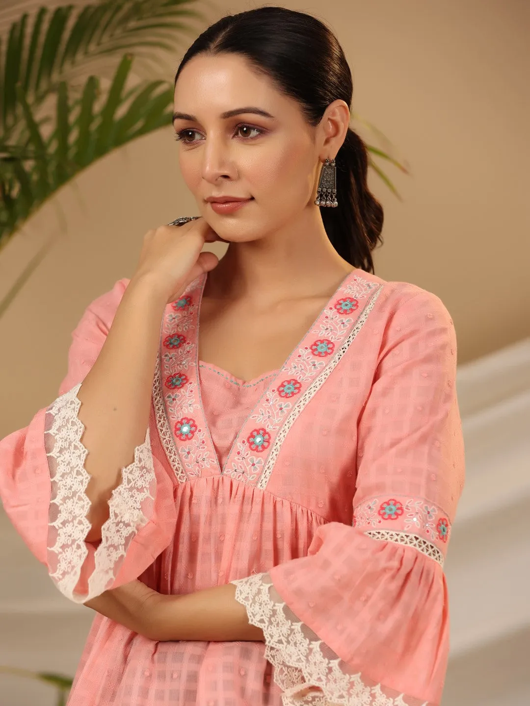 Jashvi Peach Floral Embroidered Peplum Intricate Kantha Work Tunic With Lace