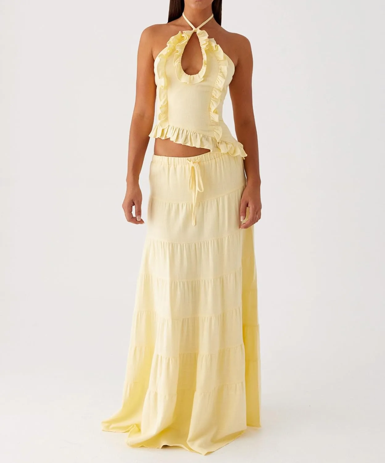 Juakoso Women Y2K 2 Piece Long Skirt Sets Low Cut Sleeveless Tops Flowy Ruffle Maxi Skirt Going Out Outfits Beachwear