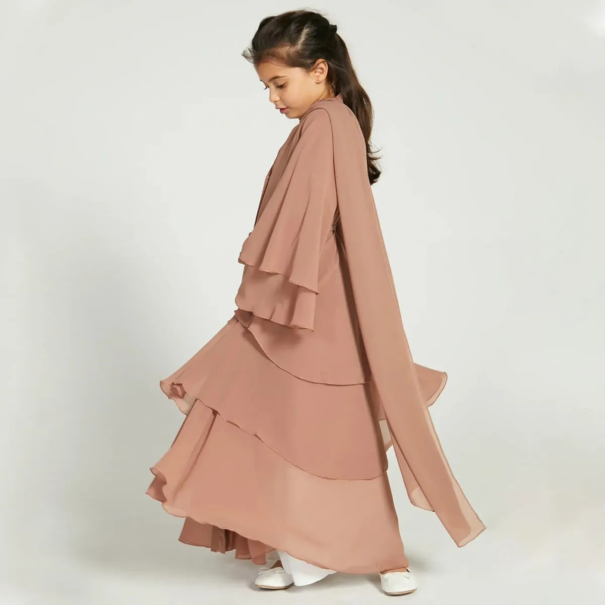 Kids Abayas Dress for Girls Muslim Dress with Hijab Chiffon Layered Islam Kaftan Robe Open Front Cardigan Prayer Dress