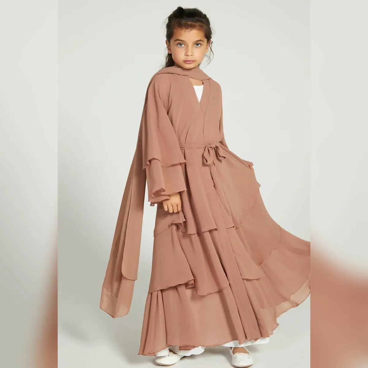 Kids Abayas Dress for Girls Muslim Dress with Hijab Chiffon Layered Islam Kaftan Robe Open Front Cardigan Prayer Dress