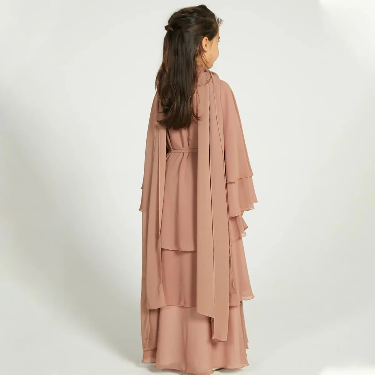 Kids Abayas Dress for Girls Muslim Dress with Hijab Chiffon Layered Islam Kaftan Robe Open Front Cardigan Prayer Dress