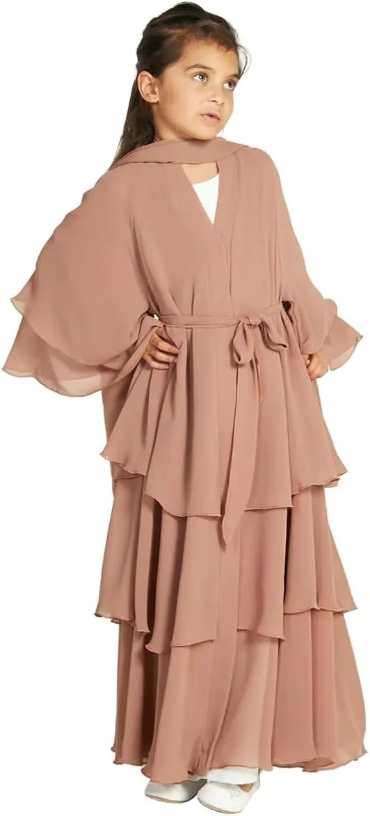 Kids Abayas Dress for Girls Muslim Dress with Hijab Chiffon Layered Islam Kaftan Robe Open Front Cardigan Prayer Dress