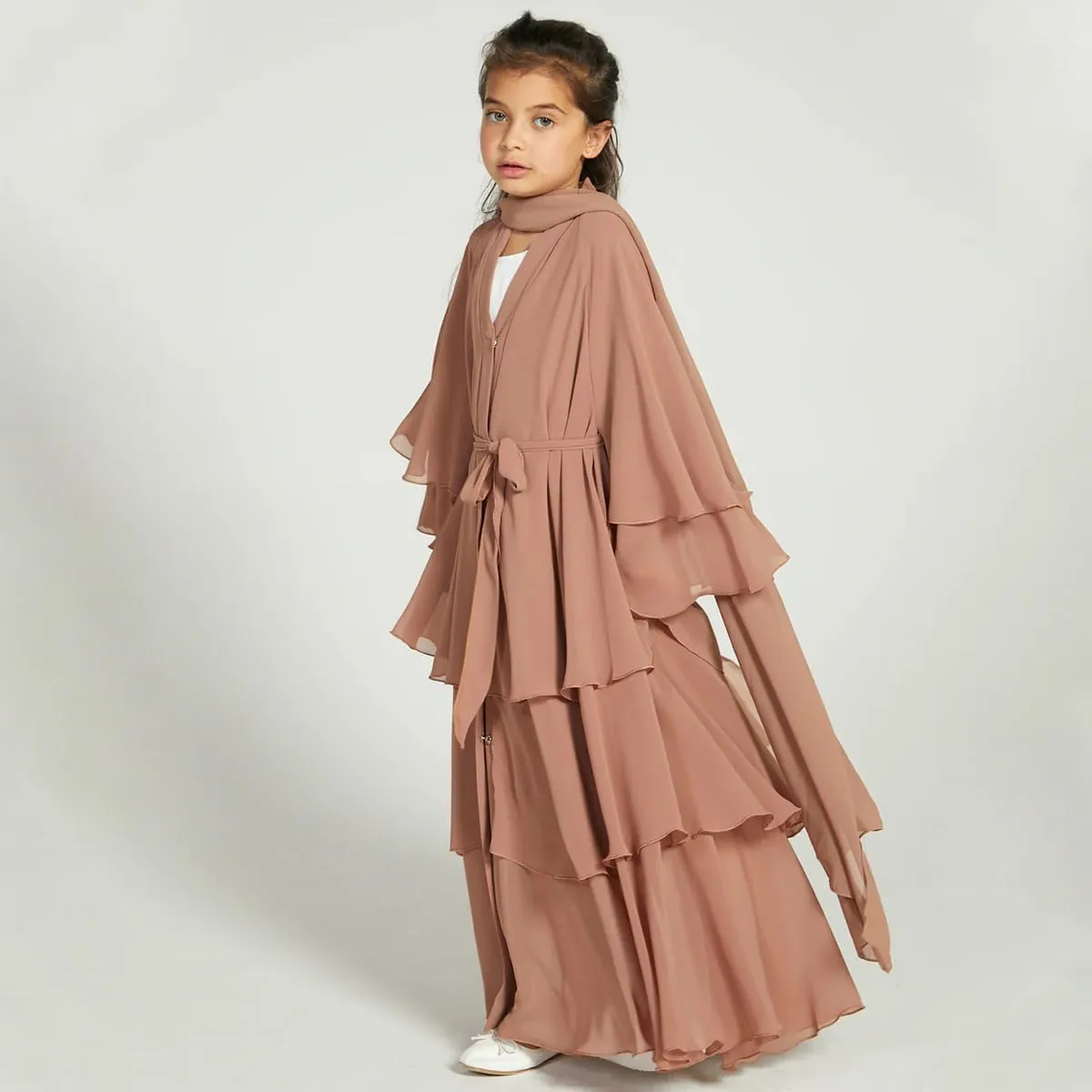 Kids Abayas Dress for Girls Muslim Dress with Hijab Chiffon Layered Islam Kaftan Robe Open Front Cardigan Prayer Dress