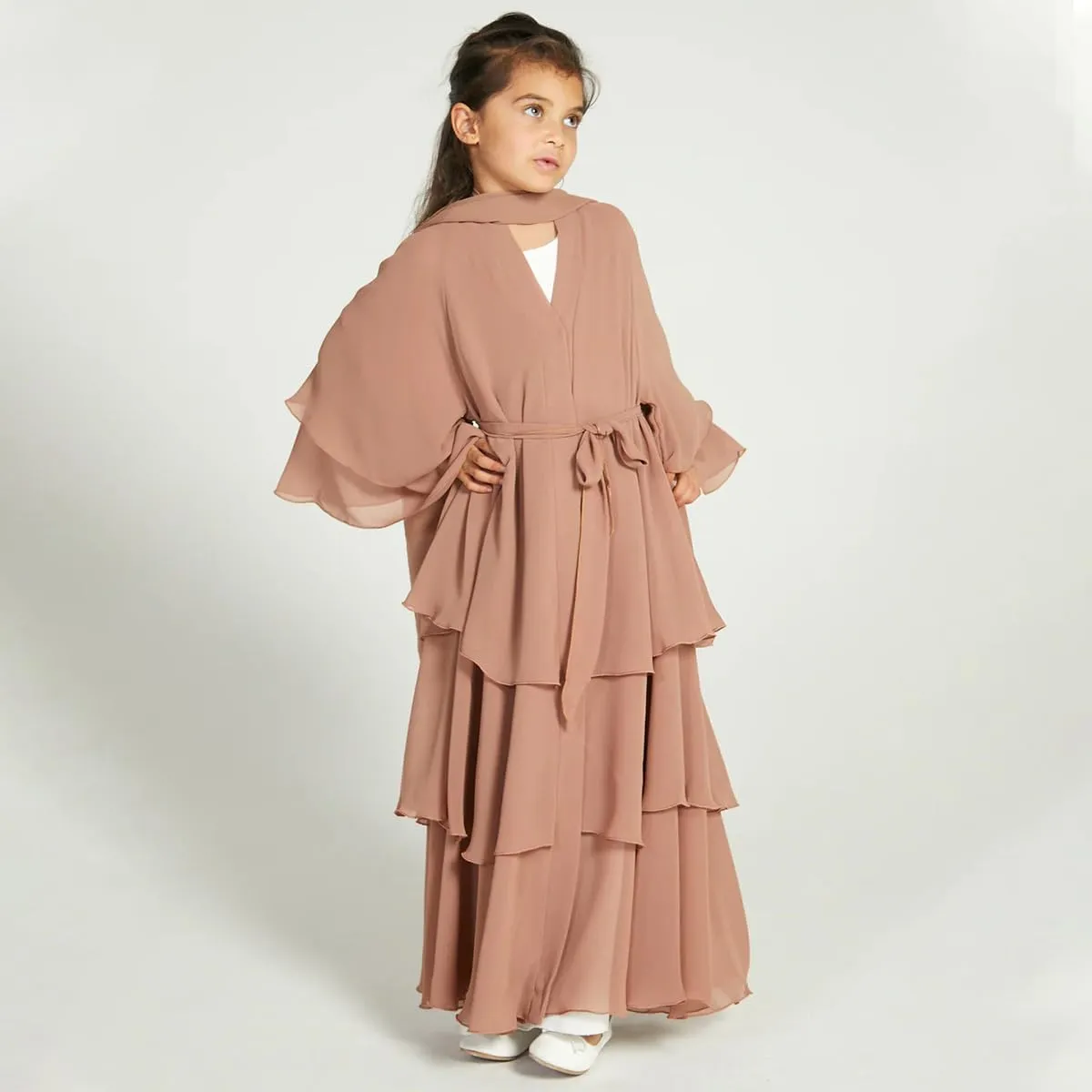 Kids Abayas Dress for Girls Muslim Dress with Hijab Chiffon Layered Islam Kaftan Robe Open Front Cardigan Prayer Dress