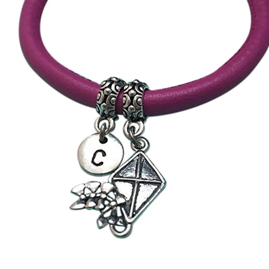 Kite leather bracelet, kite charm bracelet, leather bangle, charm bangle, personalized bracelet, initial bracelet, monogram