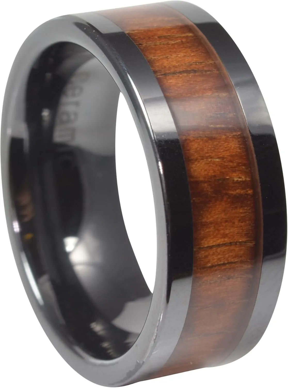 Koa Wood Mens Wedding Band Black Ceramic 9mm Comfort Fit Flat Top