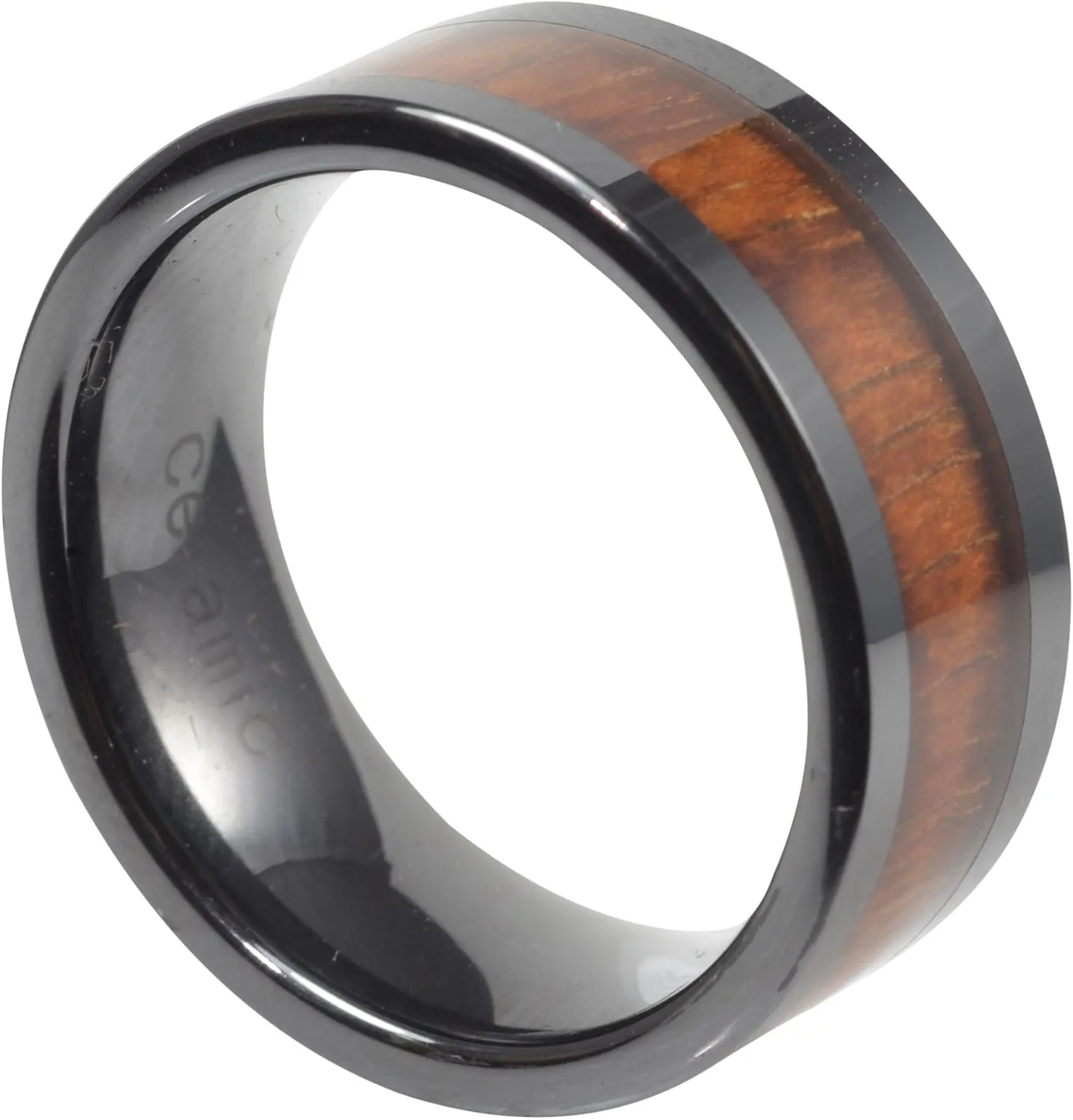 Koa Wood Mens Wedding Band Black Ceramic 9mm Comfort Fit Flat Top