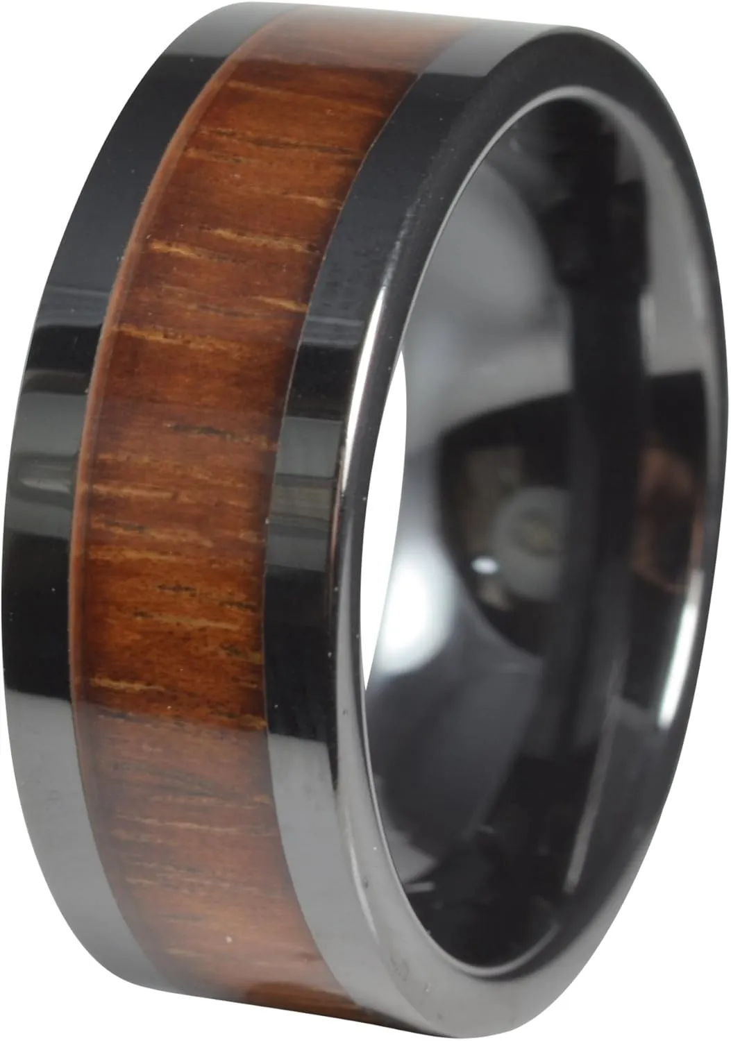 Koa Wood Mens Wedding Band Black Ceramic 9mm Comfort Fit Flat Top