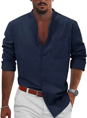 KUIOLYPOER Button Down Linen Shirts for Men Solid Color Casual Long Sleeve Regular Fit Cotton Beach Shirts with Pocket