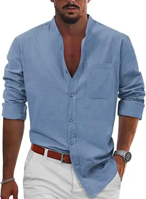 KUIOLYPOER Button Down Linen Shirts for Men Solid Color Casual Long Sleeve Regular Fit Cotton Beach Shirts with Pocket