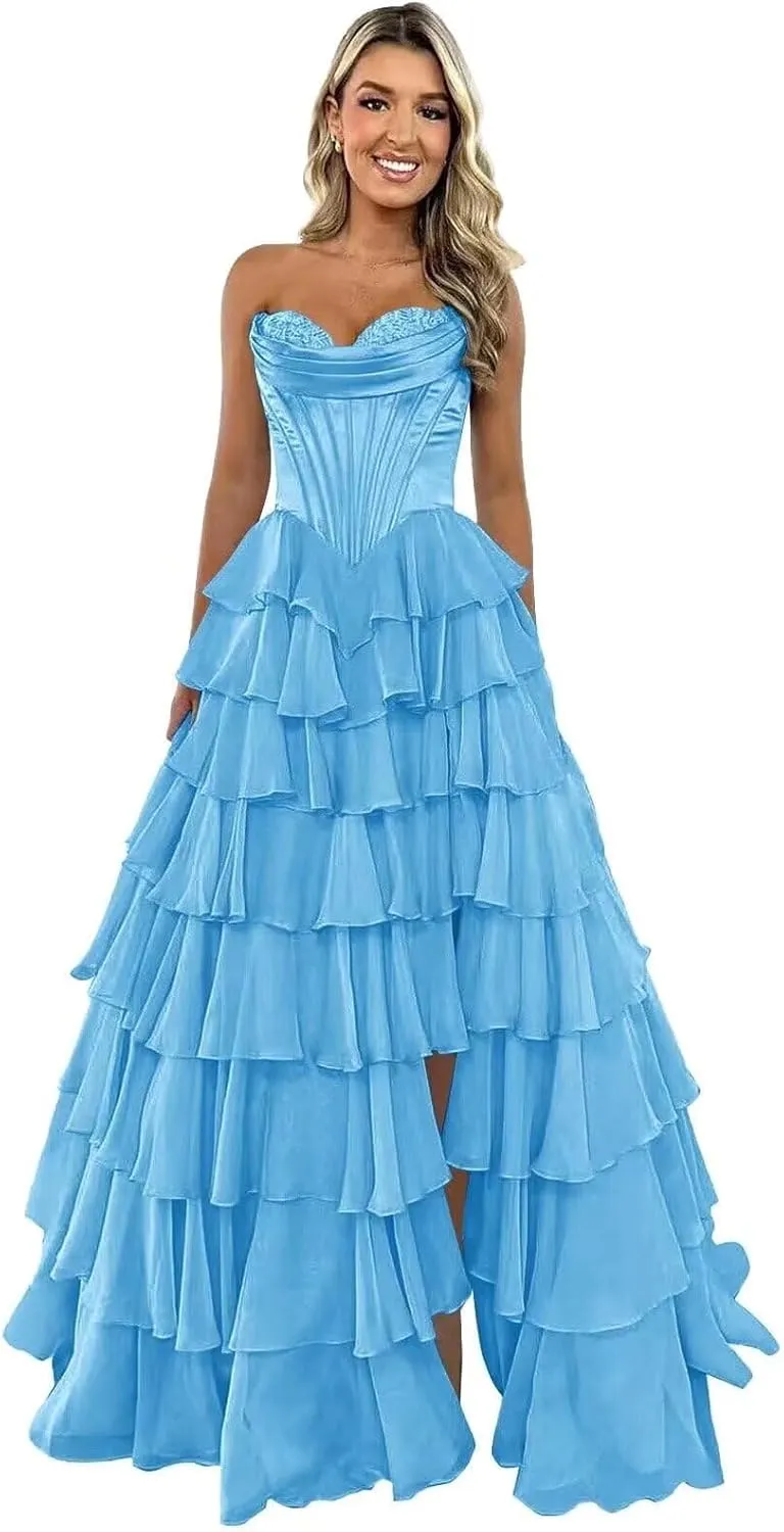 Kyeuan Strapless Tiered Chiffon Prom Dresses for Women Empire Waist Formal Dress Off Shoulder Satin Cocktail Dress with Slit