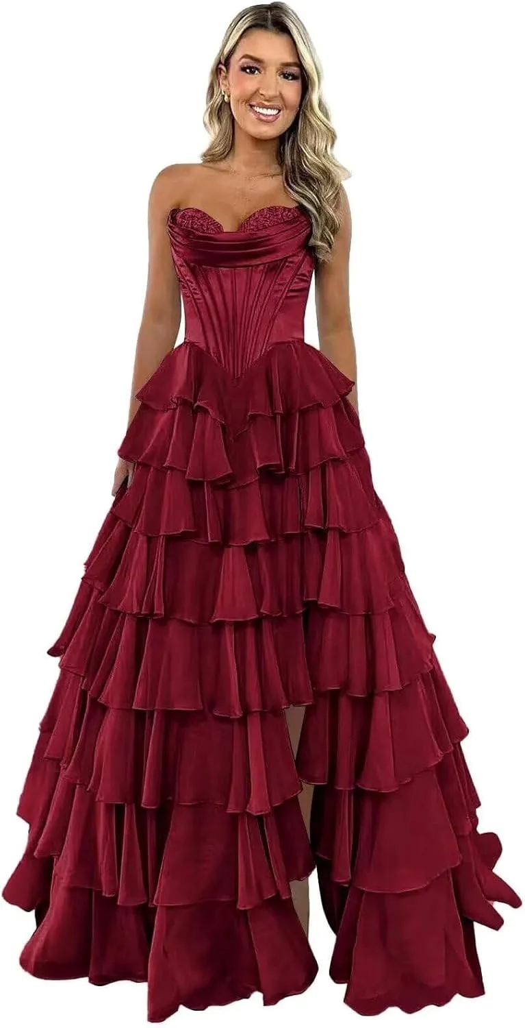 Kyeuan Strapless Tiered Chiffon Prom Dresses for Women Empire Waist Formal Dress Off Shoulder Satin Cocktail Dress with Slit