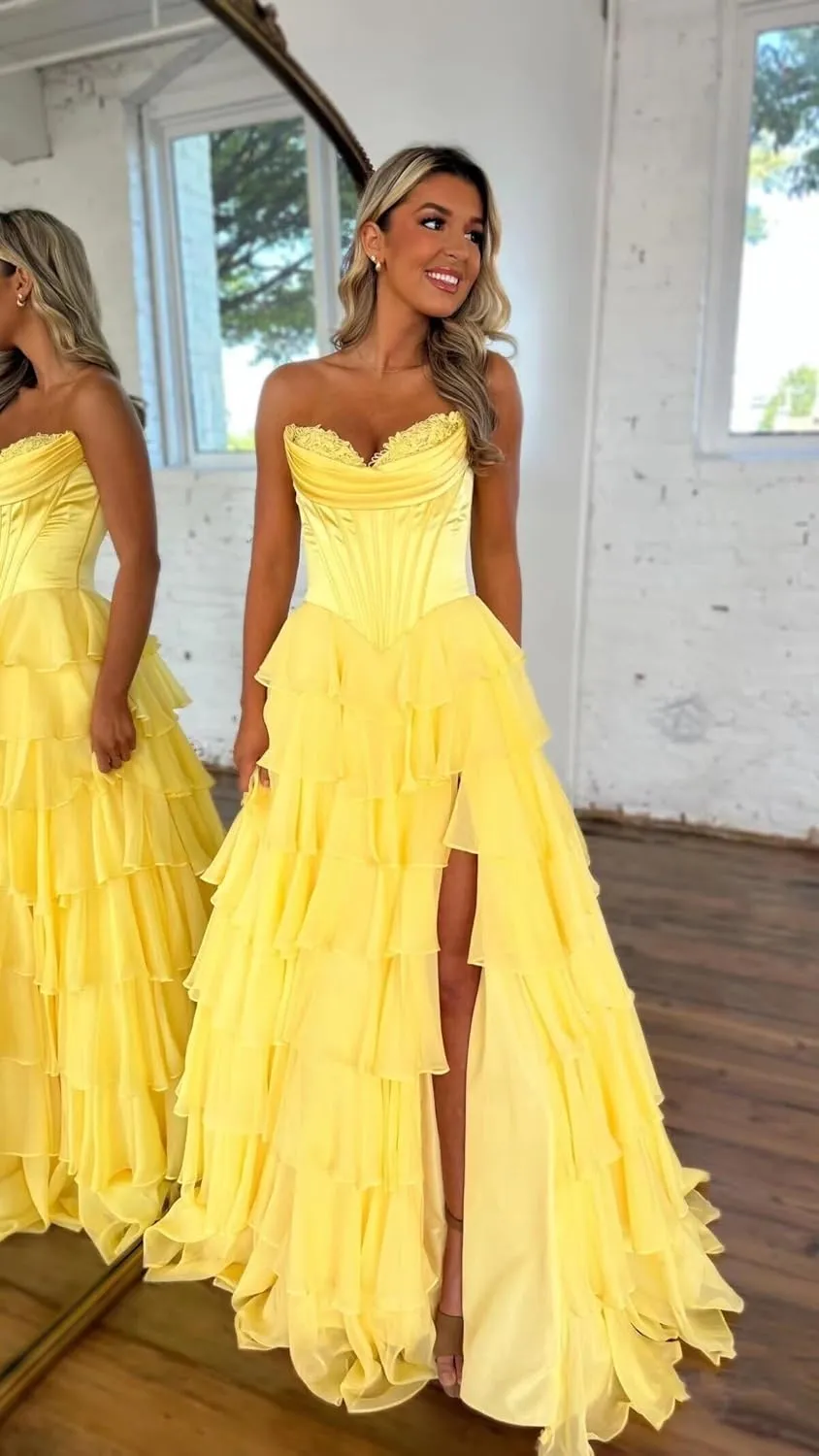 Kyeuan Strapless Tiered Chiffon Prom Dresses for Women Empire Waist Formal Dress Off Shoulder Satin Cocktail Dress with Slit