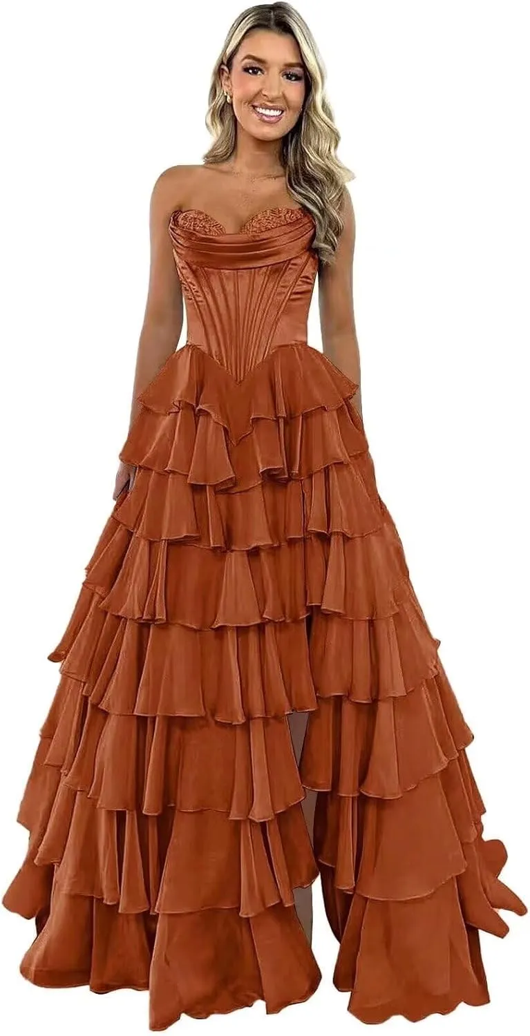 Kyeuan Strapless Tiered Chiffon Prom Dresses for Women Empire Waist Formal Dress Off Shoulder Satin Cocktail Dress with Slit