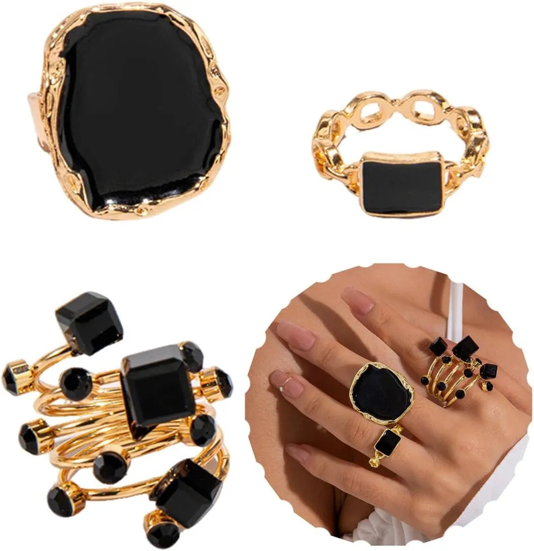 LadayPoa 3Pcs/Set Vintage Statement Rings for Women, Dainty Cocktail Stacking Rings, Gold Plated Black Layered Finger Ring, Big Chunky Geometric Punk Jewelry Accessories Festival Gifts