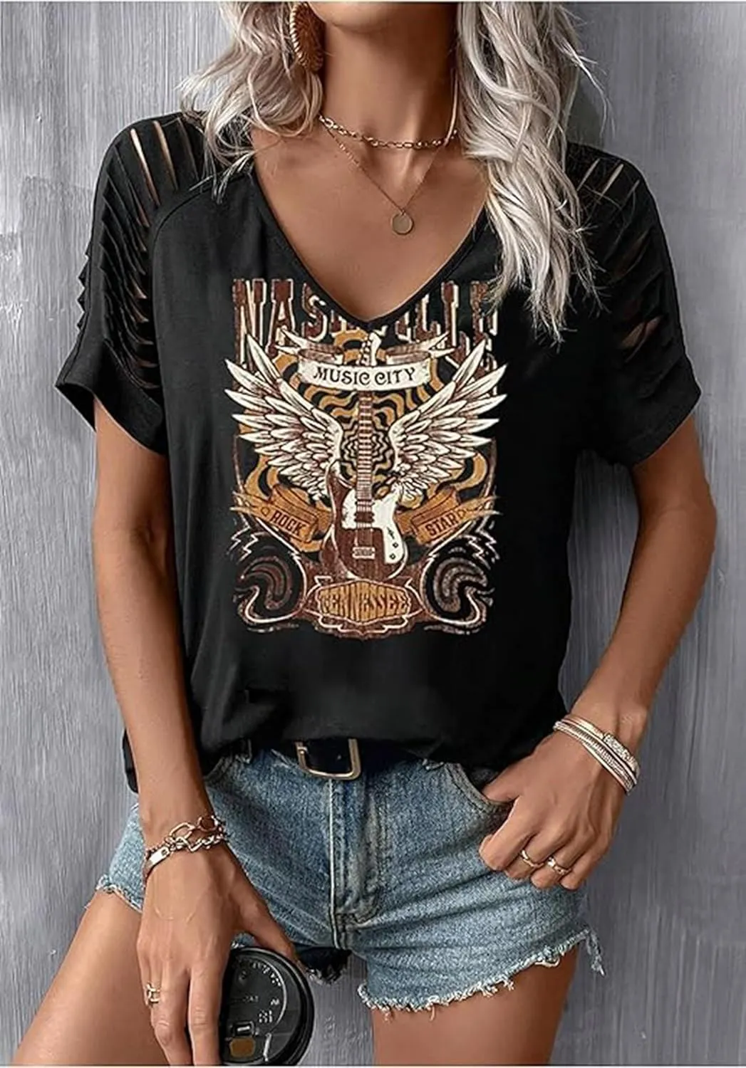 LANMERTREE Cut Out V Neck T Shirts Nashville Outfits for Women Casual Loose Shirt Country Music Graphic Tee Shirts